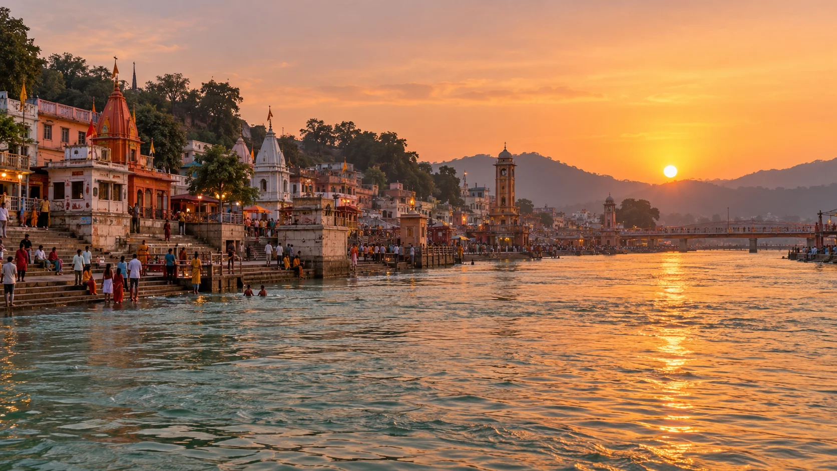 गंगा और हरिद्वार के घाटों का एआई से निर्मित सूर्यास्त दृश्य