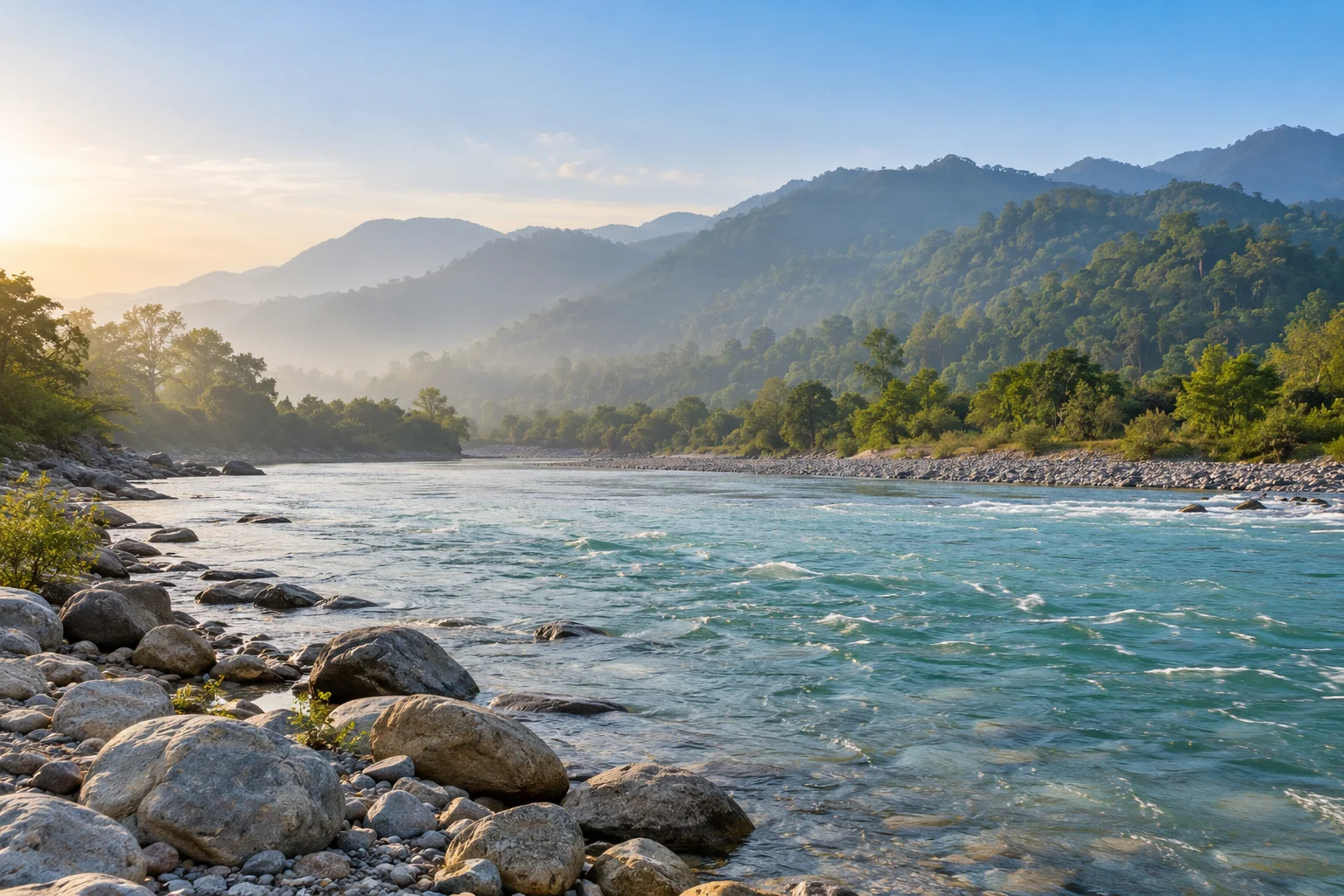 सुबह के प्रकाश में गंगा और शिवालिक की पहाड़ियों का एआई से निर्मित दृश्य