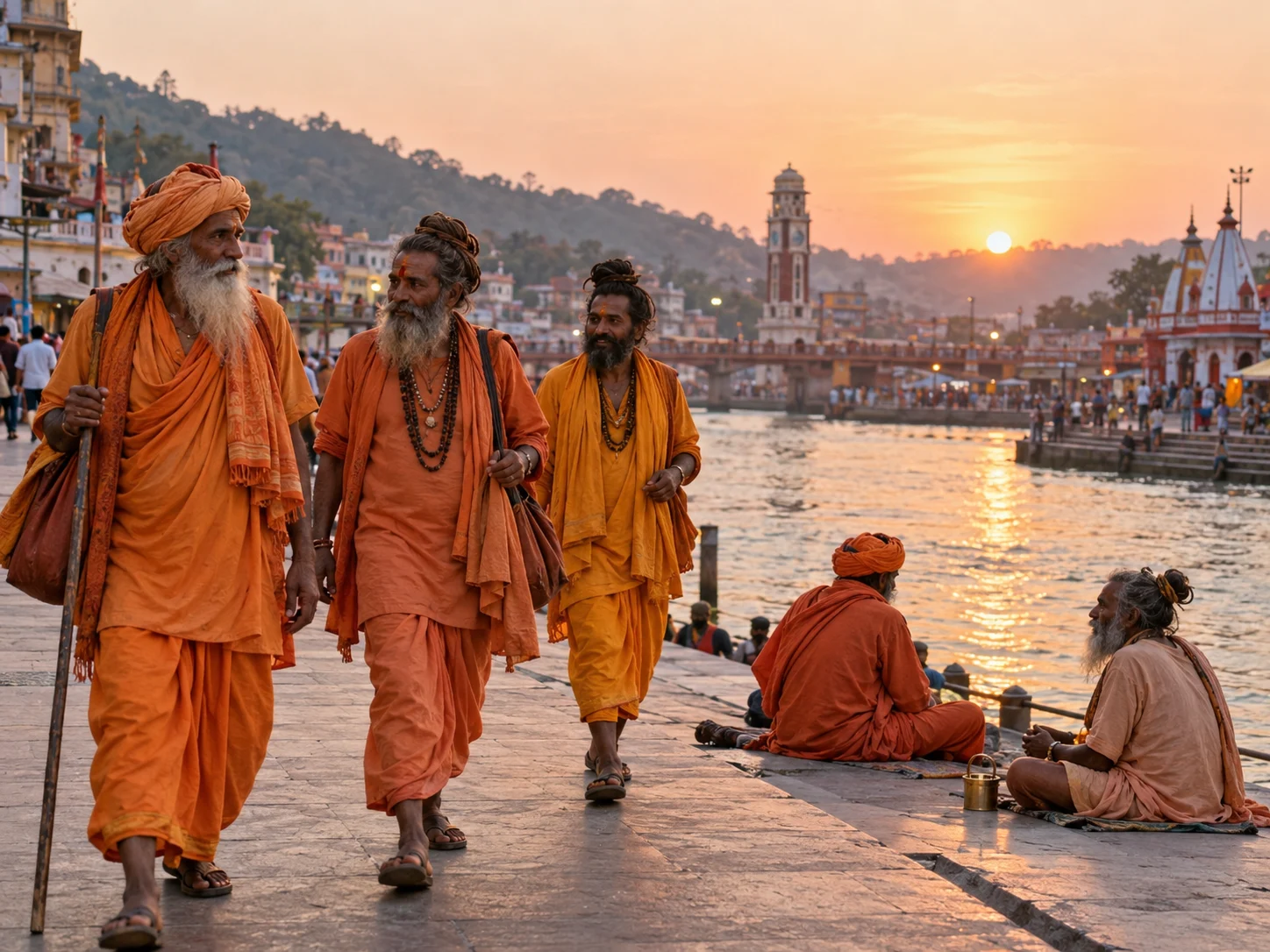भगवा वस्त्र पहने तीर्थयात्रियों का एआई से निर्मित चित्र